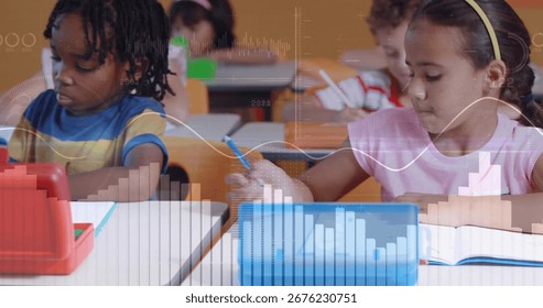 Using red and blue tablets two students writing in notebooks on school desks, with orange chairs. Education, learning, youth, technology, classroom, creativity, focus