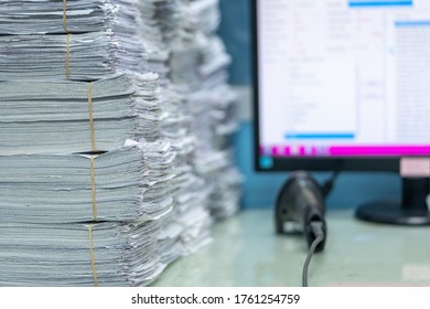 Using Scanner Machine For Convert Document To Digital Data Storing Into Computer, Stacks Of Paper, Piles Of Unfinished Documents, Business Report Papers.