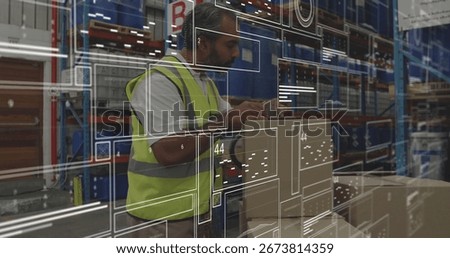 Using scanner, worker wearing reflective vest scanning cardboard boxes in warehouse, copy space. Logistics, supply chain, organization, industrial, technology, efficiency, productivity