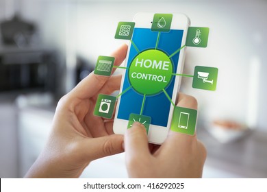 Using Smart Home App On Phone. Smart Home Control Concept.