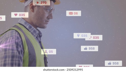 Using smartphone, construction worker surrounded by social media notifications image. Technology, communication, connectivity, digital, online, apps