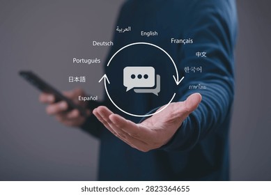 Using a smartphone with multilingual interface, representing AI language translation, global communication, localization, multilingual chatbot, language learning, and digital communication technology.