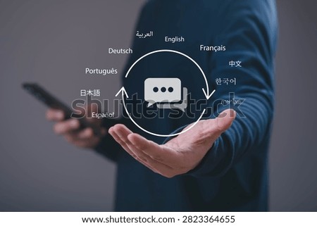 Using a smartphone with multilingual interface, representing AI language translation, global communication, localization, multilingual chatbot, language learning, and digital communication technology.
