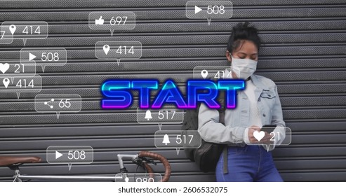 Using smartphone, woman in face mask receiving social media notifications. Technology, communication, pandemic, lifestyle, messaging, device