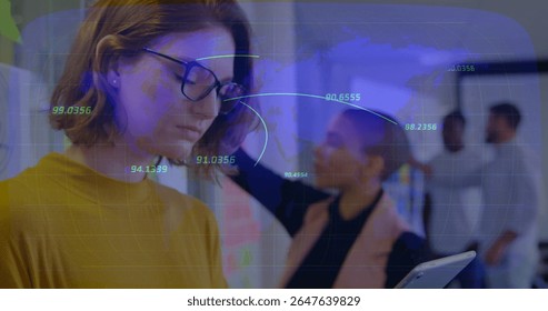 Using tablet with global data image, woman engaging in technology exploration. innovation, futurism, digital, screen, interaction, connectivity