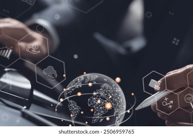 Using tablet pc, Consultant between bookkeepers and accounting lawyer consultation about asset, balance sheet, stock market statistics and yearly tax law, protect business from bribery.