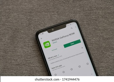 Usmate Velate, Monza And Brianza/Italy - May 24, 2020:
NVIDIA GeForce NOW App On Play Store Android Close Up Technology Smartphone Concept
