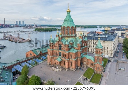 Uspenski Cathedral in Helsinki, Finland. Drone Point of View. It is an Eastern Orthodox cathedral in Helsinki, Finland, and main cathedral of the Orthodox Church of Finland.