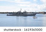 The USS Bunker Hill (CG-52), a Ticonderoga Class guided missile cruiser, returning to port in San Diego, California
