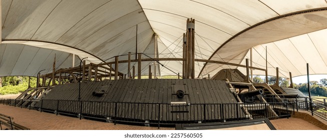 U.S.S. Cairo River Ironclad on display at Vicksburg National Military Park. USS Cairo, American ironclad warship built for U.S. Civil War, was sunk by a mine. Discovered, lifted and preserved.  - Shutterstock ID 2257560505