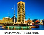 The USS Constellation and World Trade Center, in the Inner Harbor of Baltimore, Maryland.