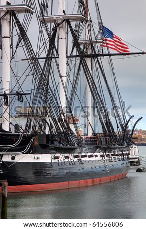 USS Constitution Battleship with American Flag in Boston Harbor