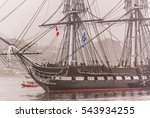 U.S.S. Constitution "Old Ironsides" sailing in fog, Boston, Massachusetts