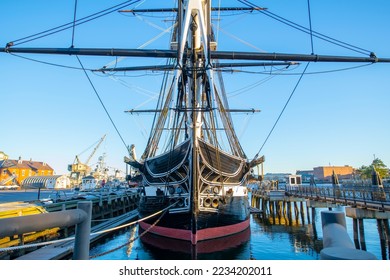 USS Constitution is a three masted wooden hulled heavy frigate of the United States Navy docked at Charlestown Navy Yard in Boston, Massachusetts MA, USA. She is the world's oldest ship still afloat.  - Shutterstock ID 2234202011