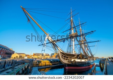 USS Constitution is a three masted wooden hulled heavy frigate of the United States Navy docked at Charlestown Navy Yard in Boston, Massachusetts MA, USA. She is the world's oldest ship still afloat. 