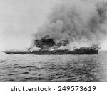 U.S.S. Lexington exploding during the Battle of Coral Sea, May 8, 1942. She later sank, but the battle prevented Japanese capture of Port Moresby, located on New Guinea