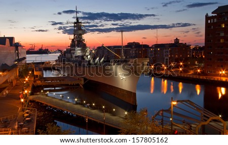 USS Wisconsin Battleship (BB-64) in Norfolk, Virginia, sunset