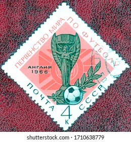 USSR - CIRCA 1966: Postage Stamp Printed In USSR With A Picture Of A Football Cup, With The Inscription 