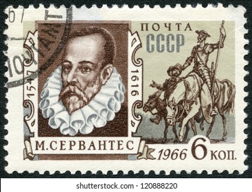 USSR - CIRCA 1966: A stamp printed in USSR shows portrait of Miguel de Cervantes Saavedra (1547-1616), Spanish writer, and Don Quixote, circa 1966