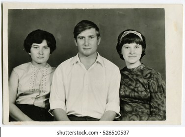 Ussr - CIRCA 1970s: An Antique Black & White Photo Show Family Portrait