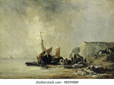 USSR - CIRCA 1977: Postcard printed in the USSR shows draw by  Richard Parkes Bonington (1802-1828) "Boats at the Coast. Normandy", circa 1977 - Shutterstock ID 98599889