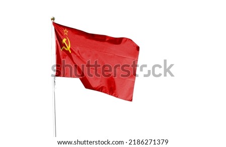 USSR flag isolated on white background with clipping path. Close up of the waving flag. symbol. Frame with blank space for your text.