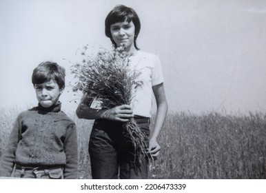 USSR, GDOV - CIRCA 1984: Vintage Family Photo Of Photo Of Brother And Sister