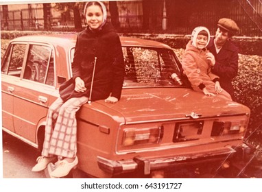 USSR, LENINGRAD - CIRCA 1980: Vintage Photo Of Family Soviet Lada Car Trip