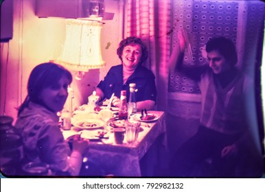 USSR, LENINGRAD - CIRCA 1981: Vintage Photo Of Family Dinner Kitchen Table At Home