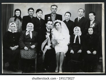 USSR, Petrapavlovsk - CIRCA 1980s: An Antique Photo Shows Wedding Group Portrait