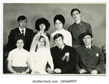 USSR, Petrapavlovsk - CIRCA 1980s: An Antique Photo Shows Wedding Group Portrait