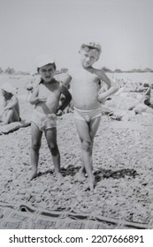 USSR, SOCHI - CIRCA 1979: Vintage Family Photo Of Boys On The Black Sea Beach