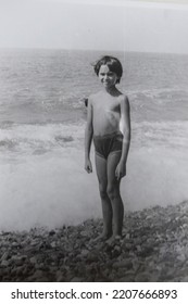 USSR, SOCHI - CIRCA 1979: Vintage Family Photo Of Little Girl On The Black Sea Beach