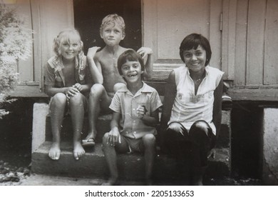 USSR, SOCHI - CIRCA 1980: Vintage Family Photo Of Happy Soviet Children