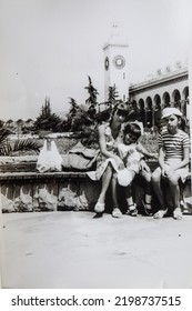 USSR, SOCHI - CIRCA 1981: Vintage Photo Of Happy Family Vacation, Mom With Children In Sochi, Soviet Union