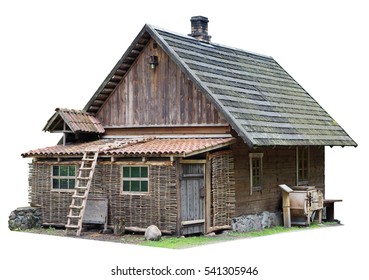 Usual no name wooden vintage  rural shed for storage of firewood and agricultural tools. Isolated with patch