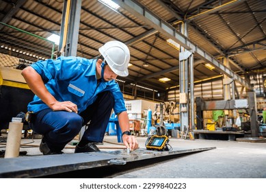 UT, Ultrasonic testing to detect imperfection or defect in welding of steel structure outside. NDT Inspection. - Powered by Shutterstock