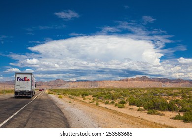 Utah,USA - July 18,2013: Typical Americal Highway In Utah.Three Numbered Highway Systems Are Present In Utah:Interstate Highway System,United States Numbered Highways System And State Route System.