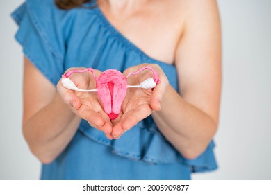 Uterus anatomy. Gynecological problems in women concept. Woman with a uterus in hand. Girl demanded uterus and ovaries. Research metaphor for gynecological problems. Gynecological health