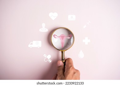 uterus female reproductive system, women health, PCOS, ovary gynecologic and cervical cancer, magnifier focus to uterus icon, Healthy feminine concept	 - Shutterstock ID 2233922133