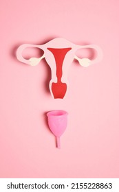 Uterus Symbol With Menstrual Cup On A Pink Background. Women's Health, Hygiene Concept. 