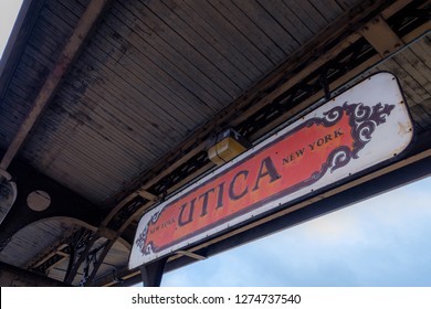 Utica, New York Train Station Sign On The Platform At Union Station