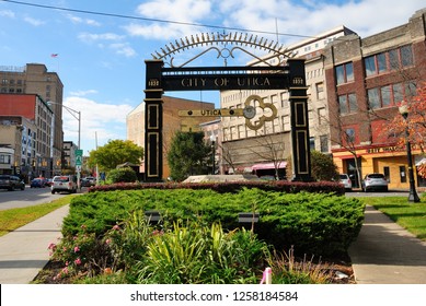 Utica, USA - October 24, 2018 -  City of Utica, entrance sign in downtown Utica, New York