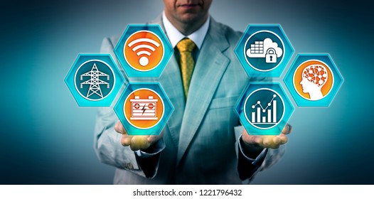 Utility Executive Managing Electric Grid Backup Power Via A Secure Internet Connection. Industry And Technology Metaphor For Energy Management, Digital Resilience, Battery Energy Storage System.