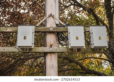 Utility pole with three numbered electrical junction boxes mounted on wooden beams, surrounded by autumn foliage in an outdoor infrastructure setting. High quality photo