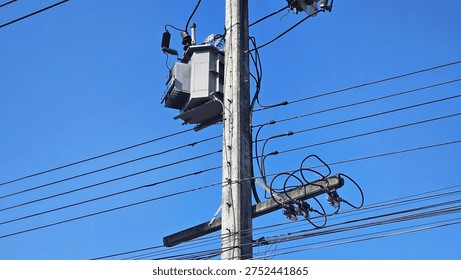 A utility pole with a transformer and multiple electrical wires against a clear blue sky.