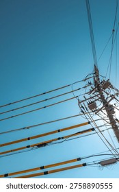 Utility pole with transformers and power lines against clear blue sky
