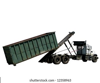 Utility Truck Loading Or Unloading A Roll-off Refuse Dumpster Trash Roll Off Container Isolated Over White