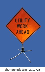 Utility Work Ahead Sign Isolated On Blue