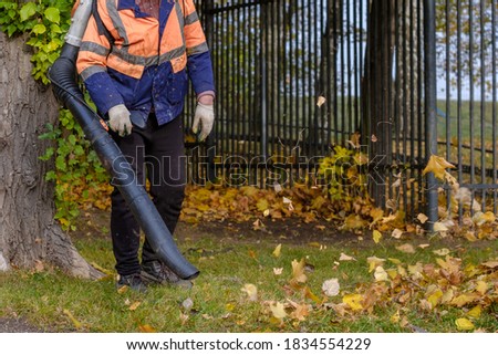 A utility worker in a special uniform uses a blower to remove fallen leaves from a park lawn. Yellow leaves are flying in the air. Autumn sunny day. Seasonal work concept.